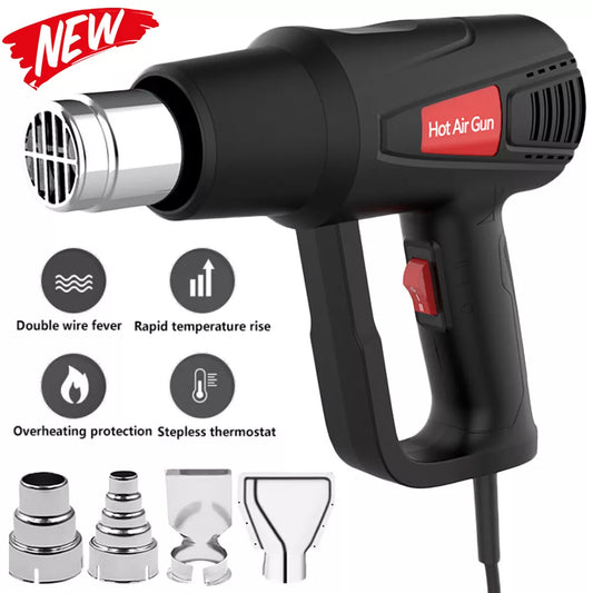 2000W Heat Gun Hot Air Gun Dual Temperature Settings + 4 Nozzles High Power Tool